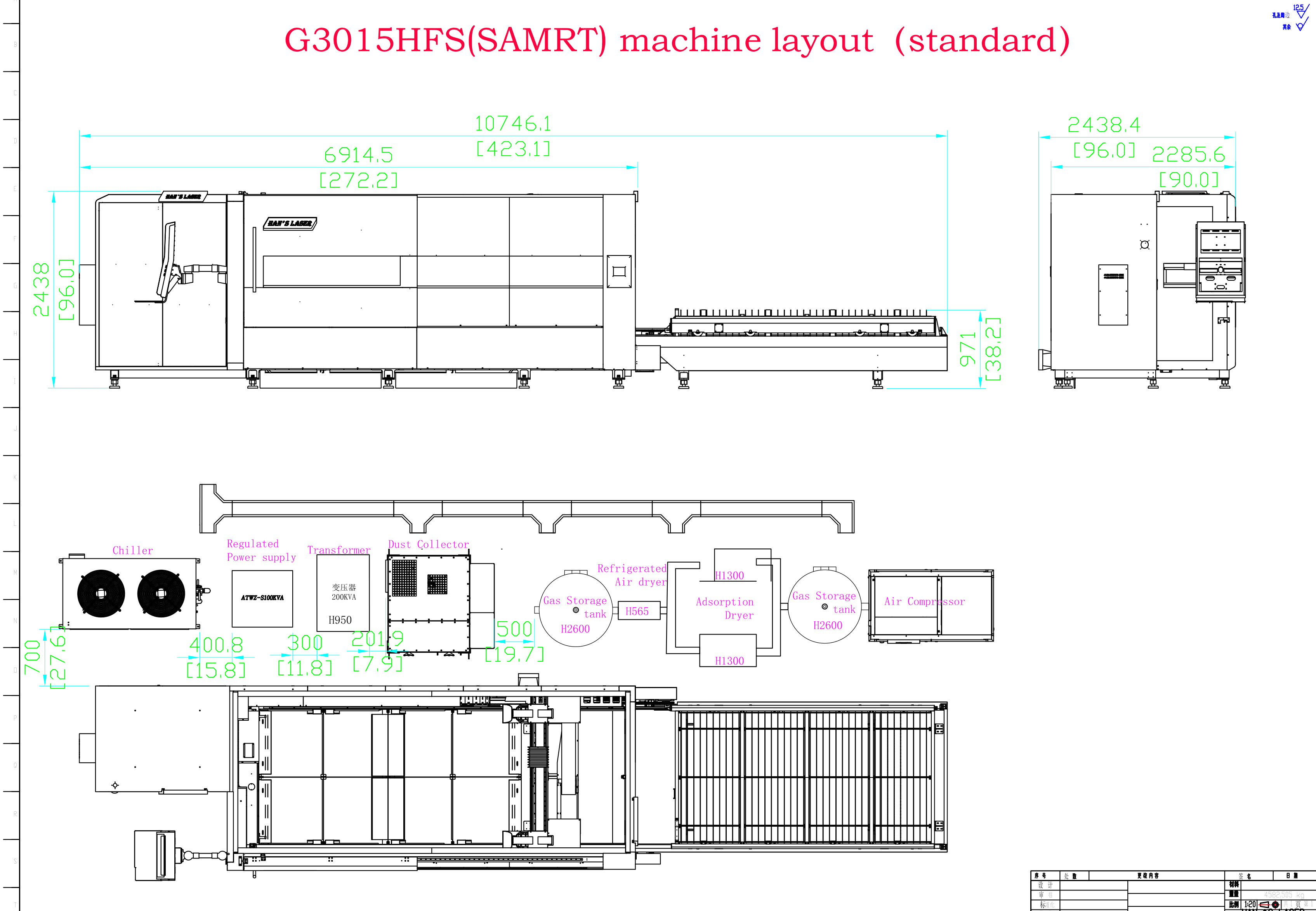 G3015HF S (SMART) standart yerleşim planı — makine ve yardımcı ekipman ölçüleri